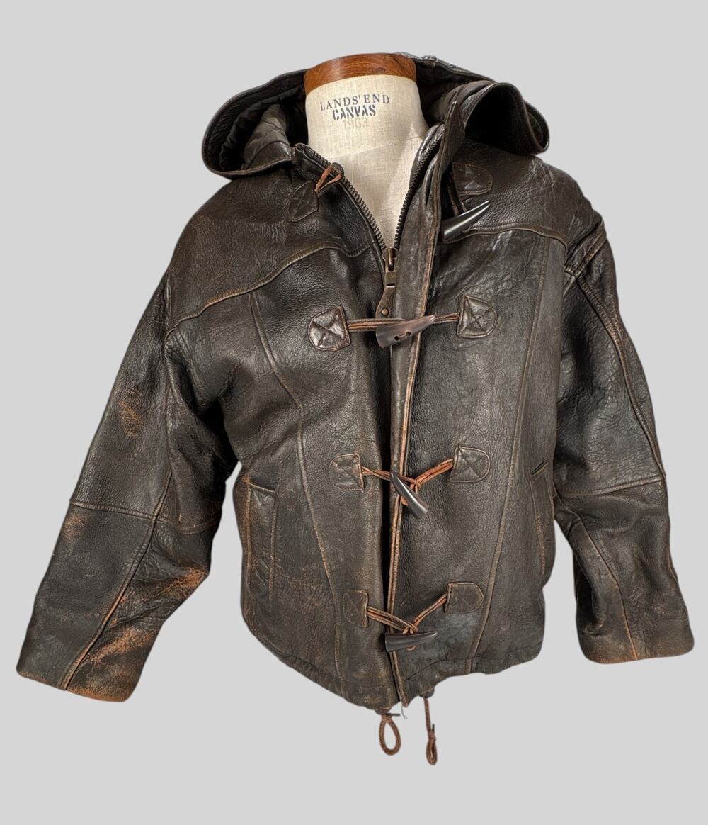 VTG Weekends Distressed Leather Bomber Jacket Hooded Coat Men’s Small 90s Toggle